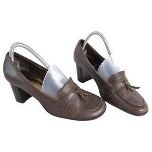 Maripe Women's 8 Brown Leather 2.75" Block Heel Loafer Shoes Tassel Y2K Academia
